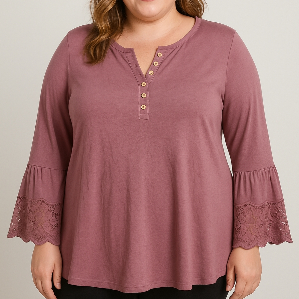 Women’s XXL Henley Top – Mauve, Bell Sleeves with Lace Detail NEW